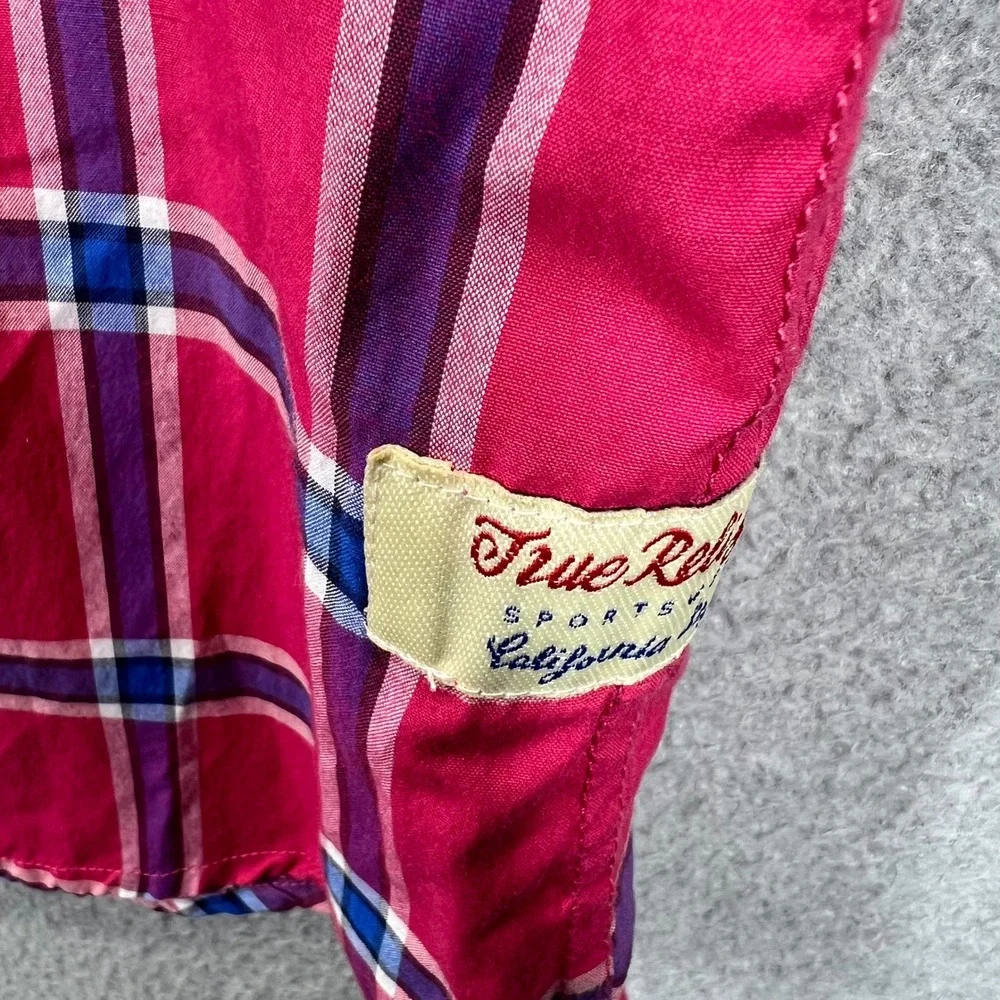 True Religion Western Pearl Snap Shirt Mens XL Pink Plaid Short Sleeve EUC